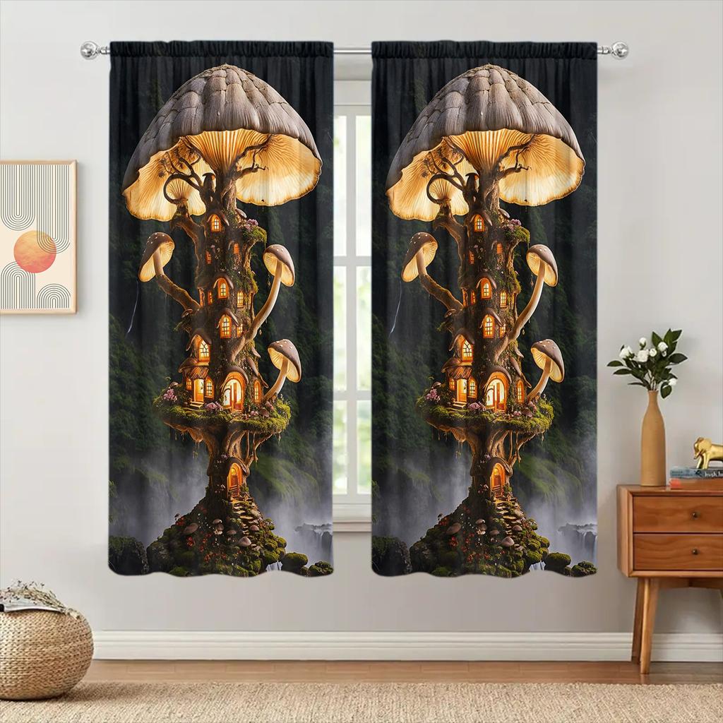 2pcs Mushroom House Pattern Printed Curtain for Home Decor - Rod Pocket Window Treatment for Bedroom, Office, Kitchen