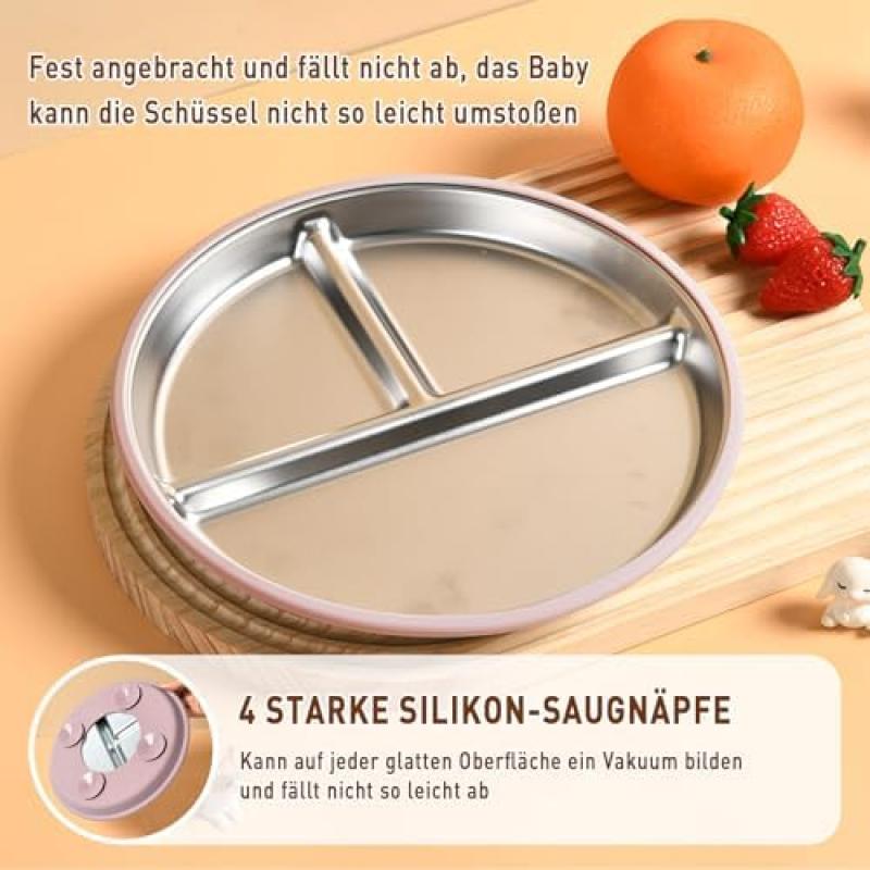 2-Pack Stainless Steel Suction Plate Baby Silicone Plate Set with 2 Forks & Spoons, BPA-Free Food-Grade Material | Dishwasher Safe | Easy to Clean