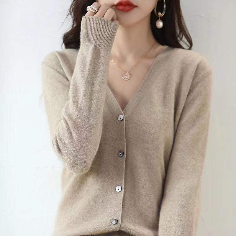 Women's V-Neck Knitted Cardigan Loose Slim Plus Size Sweater All-match Jacket Solid Color Basic Small Cardigans for Spring Autumn