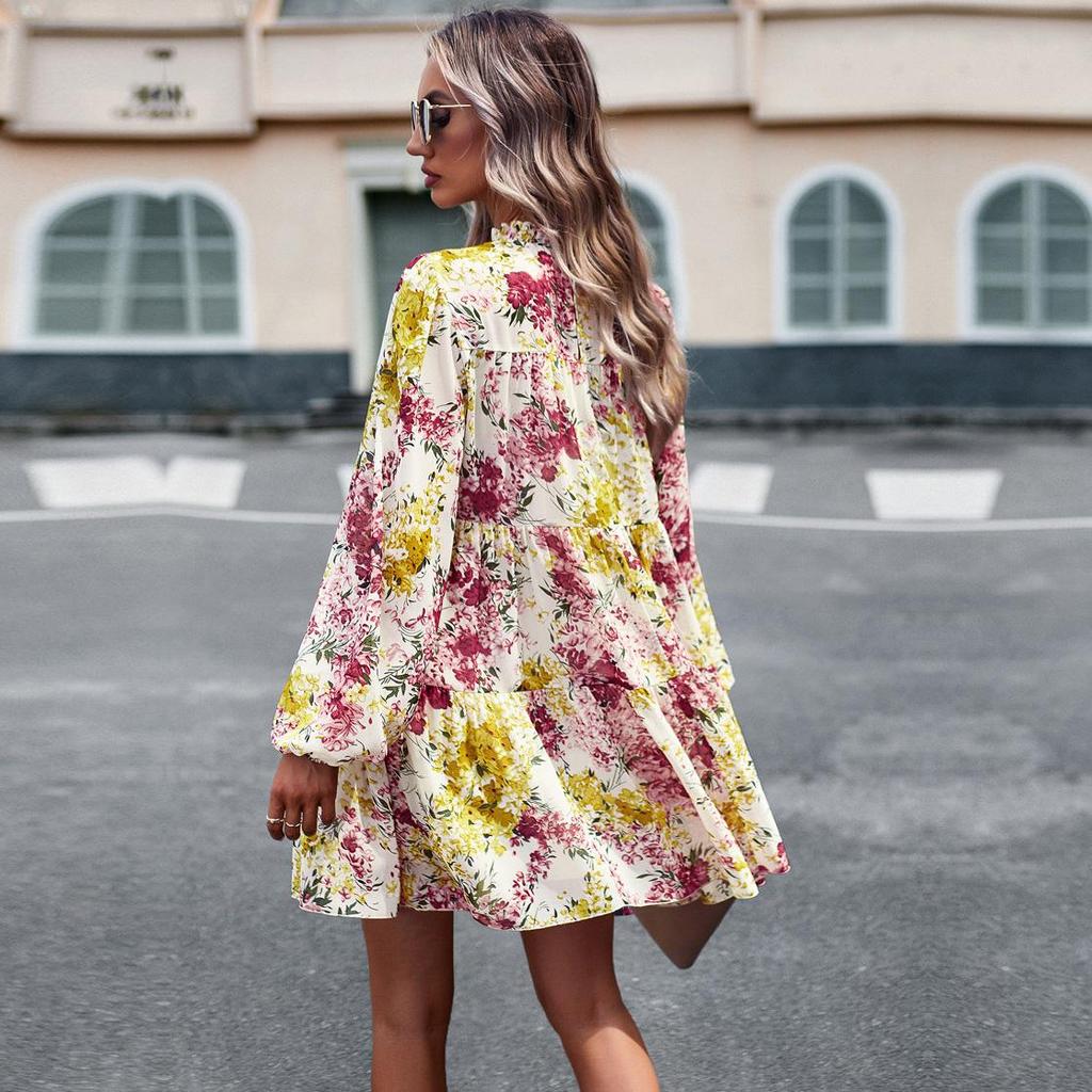 Women's O Neck Long Sleeve Loose All Match Casual Printed Floral Short Dress