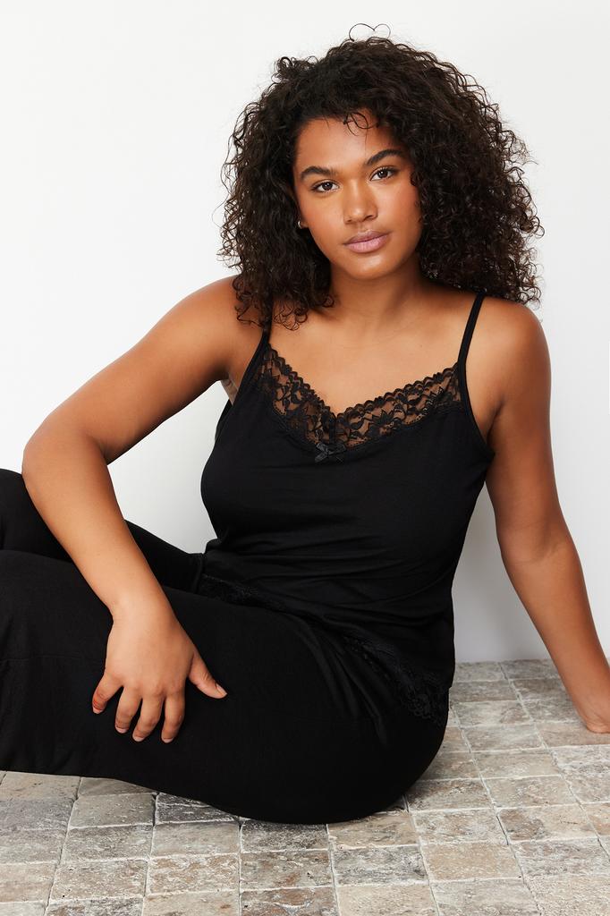 Women's Fashion New Plus Big Size Pajama Set Black Lace Detailed Knitted Pajama Set