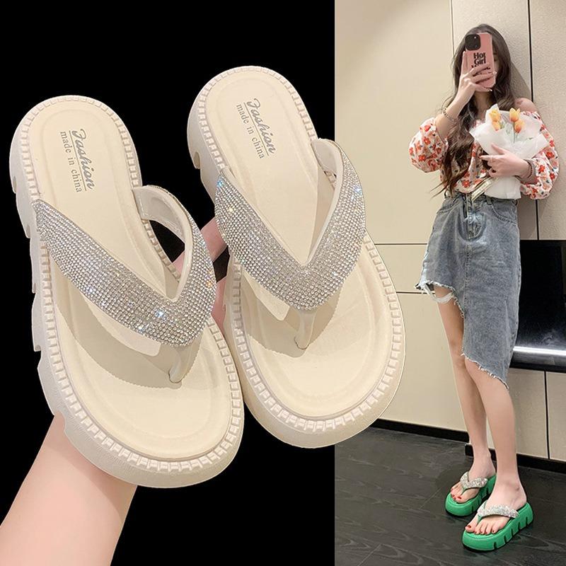 Fashion Slippers Women Shiny Crystal Wedge Sandals Summer Comfortable Soft-soled Sandals Outdoor Fashionable Shoes Flip-Flops De Mujer