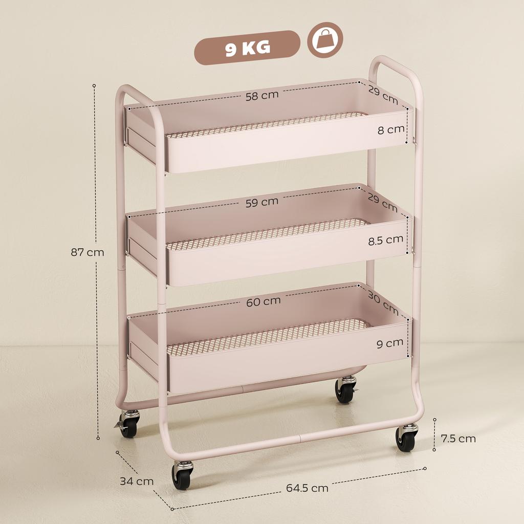 3 Tier Storage Trolley On Wheels Rolling Utility Cart With Mesh Baskets For Kitchen Bathroom Bedroom Light Pink
