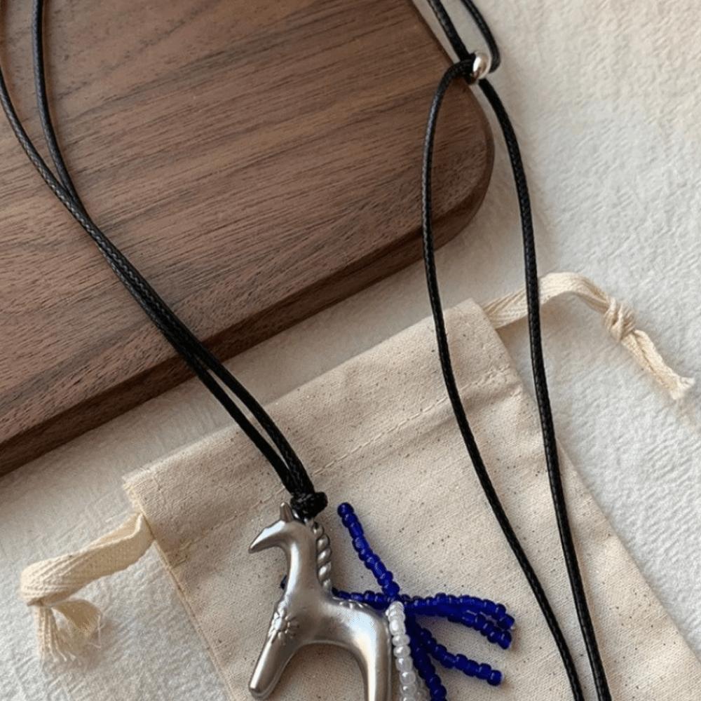 Sweater Chain Wax Rope Necklace Long PU Leather Necklace Pony Pendant Necklace  Horse Year Gift