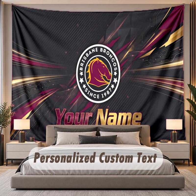 Custom Name Text Tapestry Brisbane Broncos Personalized Polyester Wall Tapestry For Bedroom And Room