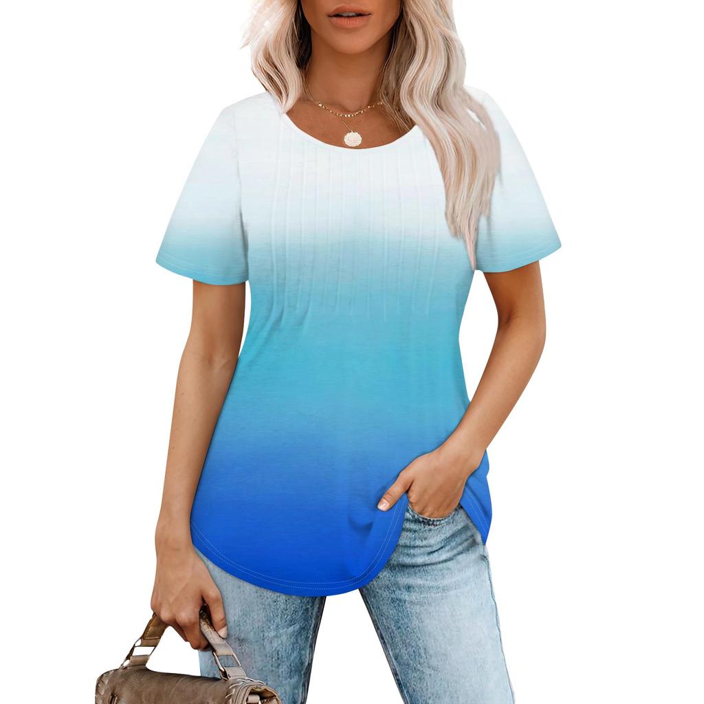 Women's Fashionable Casual Pleated Round Neck Gradient Printed Short Sleeved T-shirt Top