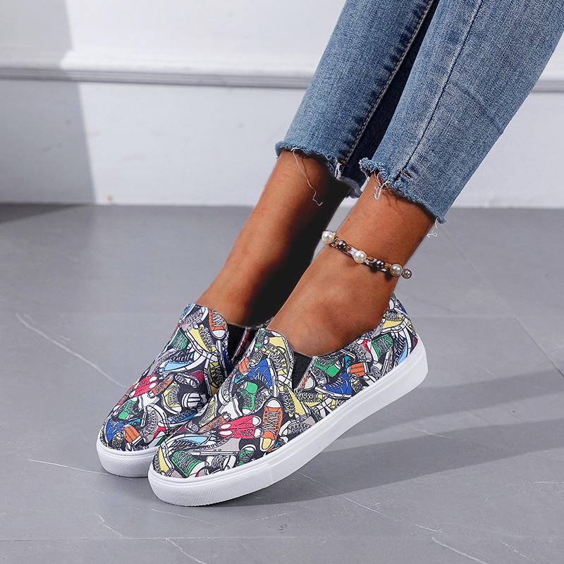 2024 Женская обувь из вулканизированной кожи Модная обувь из холста с граффити Женские модные кроссовки Плоская обувь Обувь для уличных танцев Женские туфли без застежек