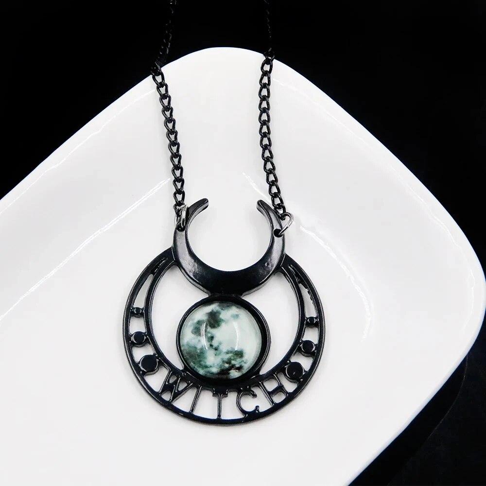 Punk Gothic Witch Black Moon Necklace Triple Moon Goddess Blue Stone Pendant Necklace for Women Men Halloween Jewelry Gift