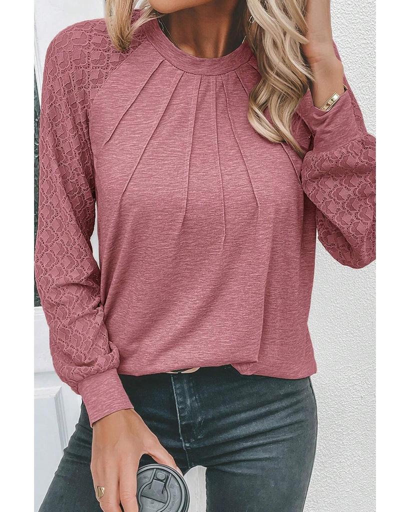 Azura Exchange Rose Pink Contrast Lace Raglan Sleeve Plicate Round Neck Top