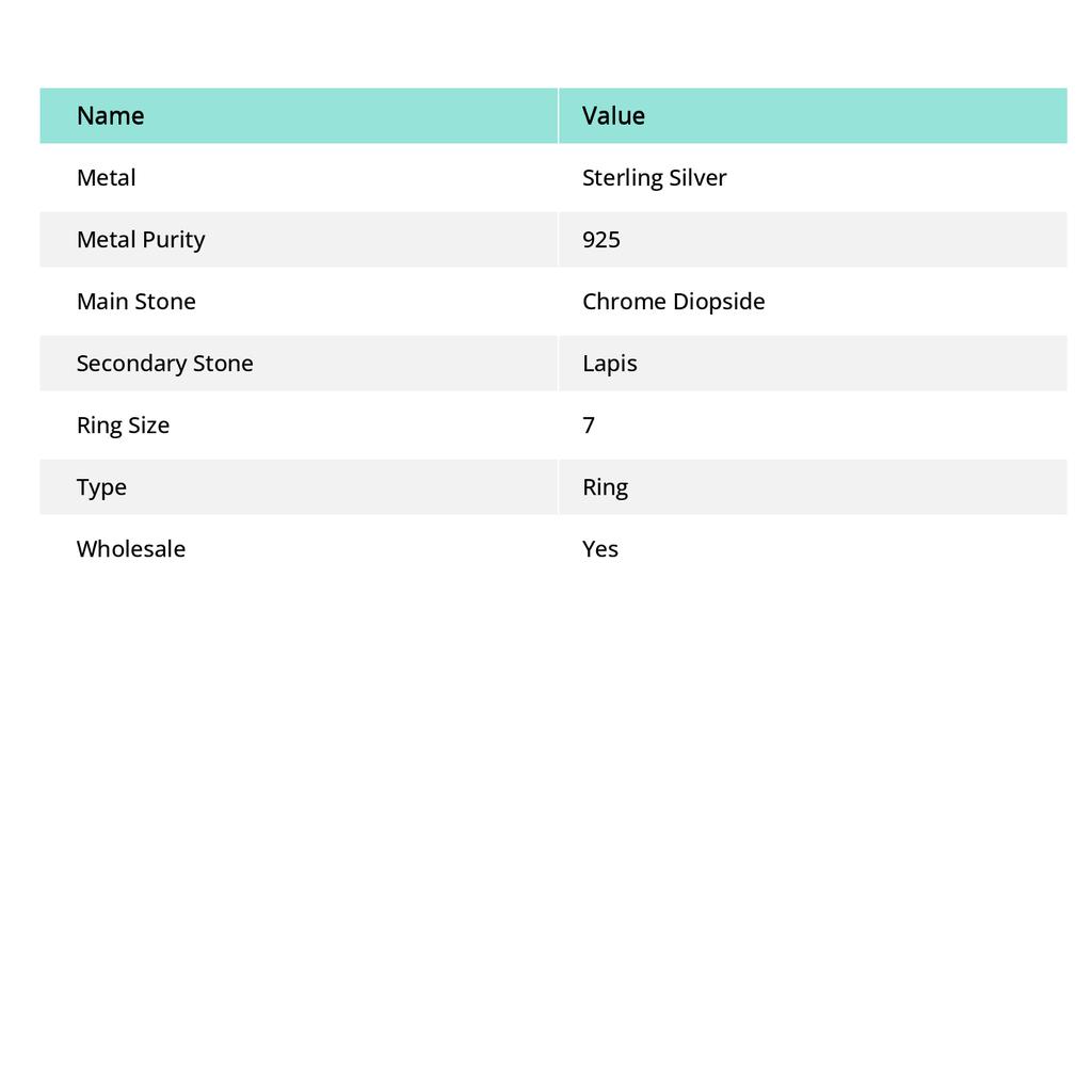 Хромдиопсид, Ляпис Ручной работы 925 Стерлинговое серебро Ювелирное кольцо Размер 7 C8m76