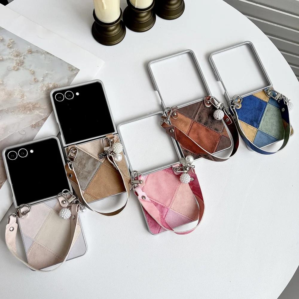 Fusion Business Sle Bla Color Collision Ремешок-браслет Кожаный чехол для телефона для Samsung Galaxy Z Flip 7 6 5 4 3 Защитная крышка