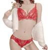 THREEGUN Bra and Panty High Cleavage Soft Set, Lace, Sides, Bust-Enhancing, Push-Up Bra, Shapewear, Underwear, Enhancement, Padded, Wireless, (Red,