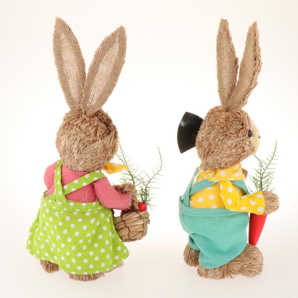 2x Artificial Straw Rabbit Souvenir Bunny Figurine Easter Straw Bunny Ornaments for Easter Holiday Party Household Decoration
