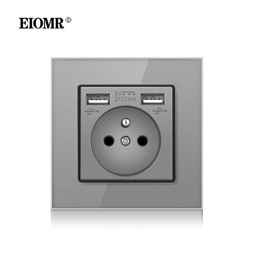 EIOMR Французский Стандартный Настенный Выключатель Розетка Серая Хрустальная Стеклянная Панель с USB 16A 220V Розетка с Заземлением Защита от Детей Дверца