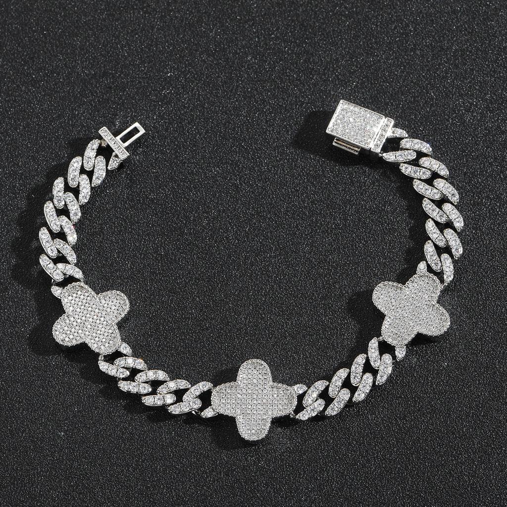 Gorgeous Fashion Hip Hop Jewelry Single Row Zircon Iced Out CZ Cuban Link Four Leaf Clover Bracelet for Women and Men