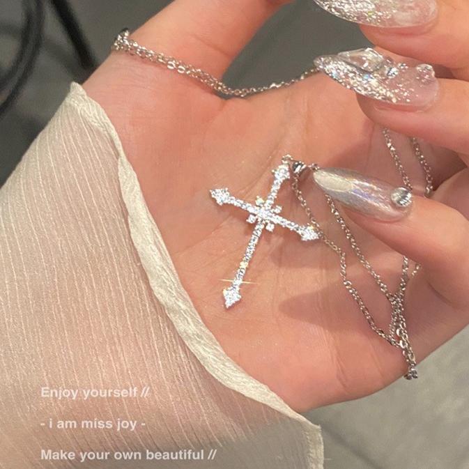 Summer Black Rhinestone Cross Jesus Pendant Choker Necklace for Women Punk Vintage Double Layers Chain Neck Boho Jewelry