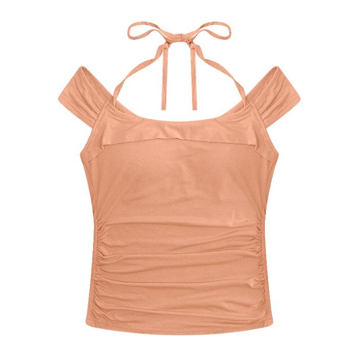 (Modal cotton) Sexy Spice Girl Short Sleeve T-Shirt Cross Neck Tights Pleated Chic Top