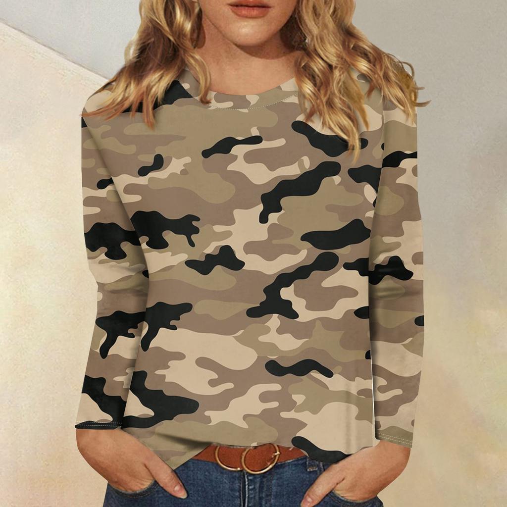 Женская модная повседневная футболка с длинным рукавом и круглым вырезом с камуфляжным принтом