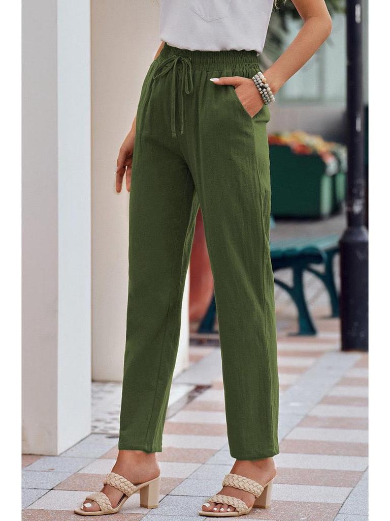 Женские хлопково-льняные брюки с кулиской и широкими штанинами