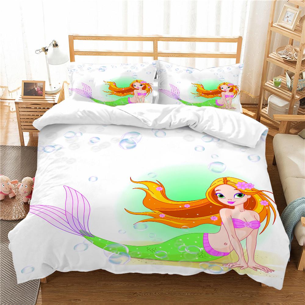 Mermaid Bedding 3D Girl Princess Room Duvet Cover Pillowcase 2/3pcs Single/double Bed Full-size Home Textile Girl Woman Gift