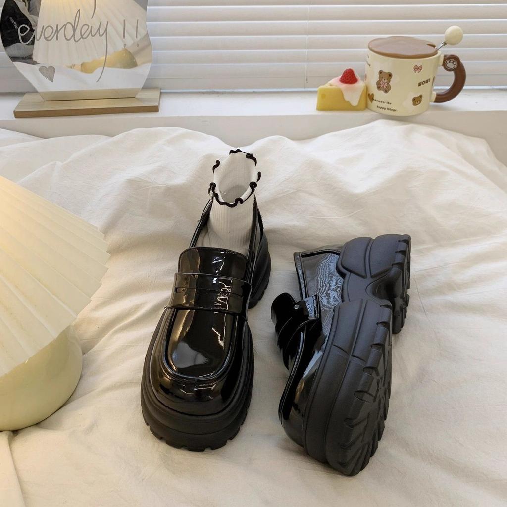2025 New Spring, Autumn and Winter Women's Shoes Platform One-pedal Jk Black Loafers British Style Small Leather Shoes Women's Single Shoes