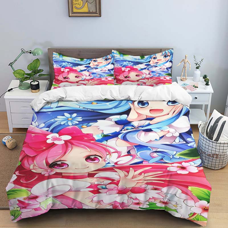 Трехсекционный постельный комплект Pretty Cure, включающий пододеяльник и две наволочки, — идеальный выбор для праздника.