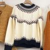 Women's Off-White Fair Isle Jacquard Sweater - Retro Knit Top for Autumn & Winter, One Size