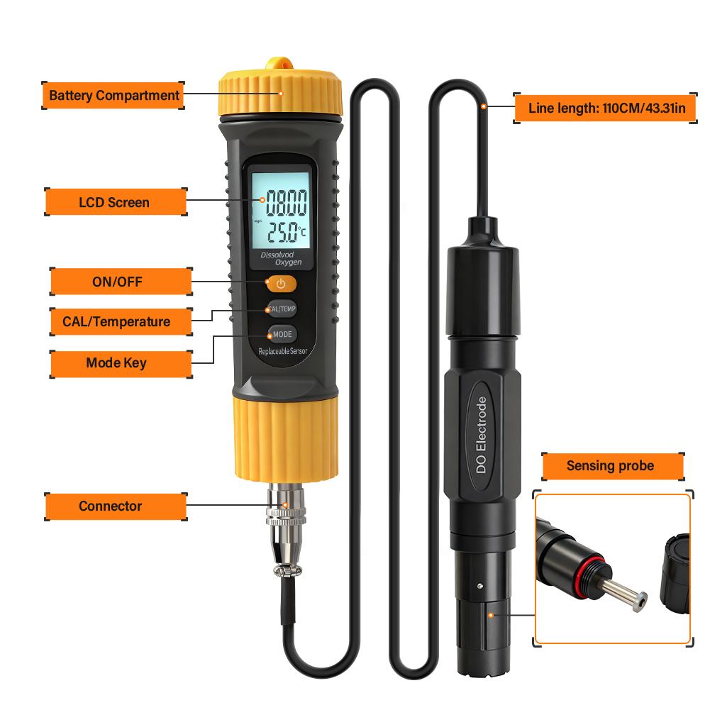 Portable Dissolved Oxygen Meter DO Tester with Replaceable Probe ATC 0-20mg/L Water Quality Analyzer for Aquaculture Hydroponics