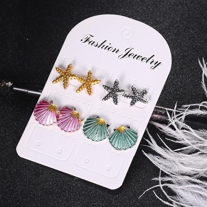 4pairs/set Starfish Shell Stud Earring Set Women Colorful Conch Shells Star Stud Earrings Party Bea