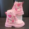 Girls Boots Kids Fashion Rubber Boots Cool Girl Autumn and Winter Cotton Soft Sole Pink with Love Side Zip Princess Round-toe PU