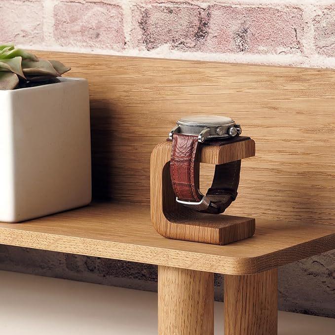 Minimalist Handmade Solid Wood Watch Stand, Men Women Watch Display Stand, Genuine Leather Base Watch Holder