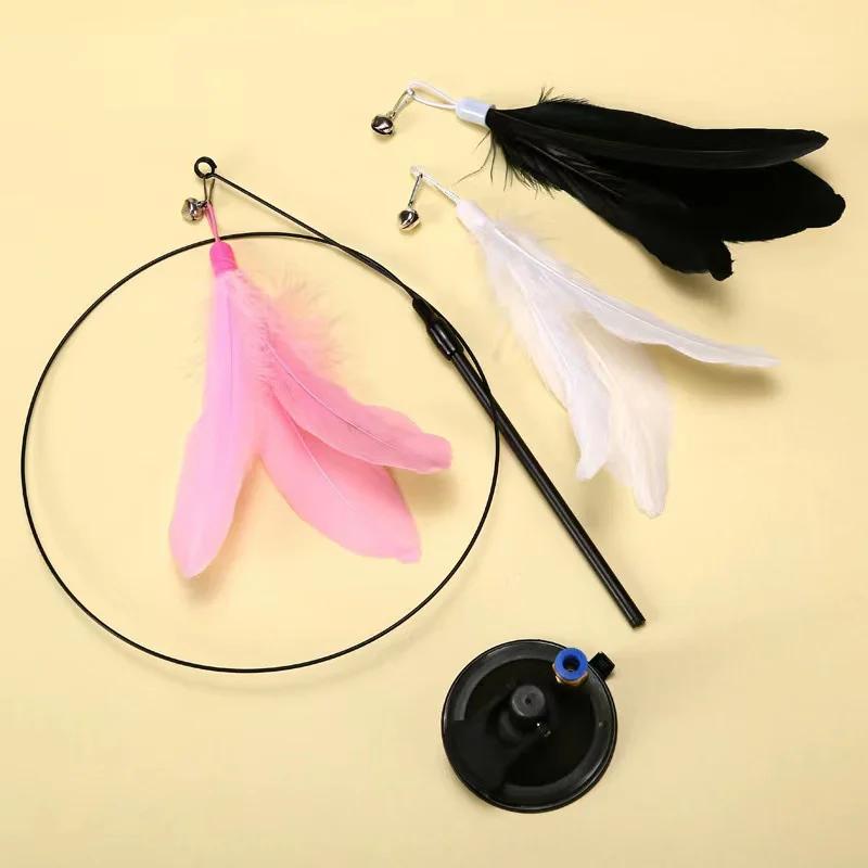Interactive Cat Toys Feather Wand with Super Suction Cup Detachable 2 PCS Feather Replacements Kitten Play Toy