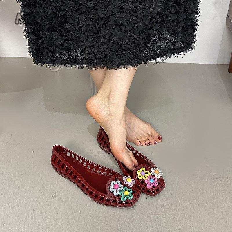 Transparent Crystal Jelly Sandals Hollow Out Slippers Korean Style Flat Shoes Women's Square Toe Shallow Slip On Ballet Loafers