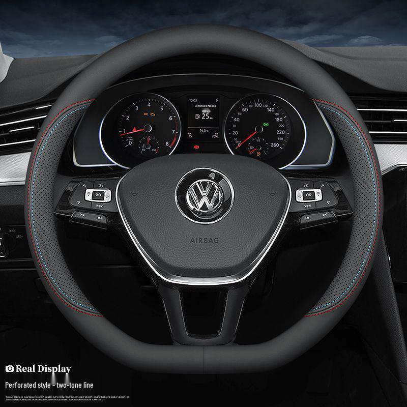 Volkswagen Steering Wheel Cover for Lavida, Bora, Sagitar, Magotan, Santana, Lamando, Tiguan L, Tayron - Four Seasons Genuine Leather.