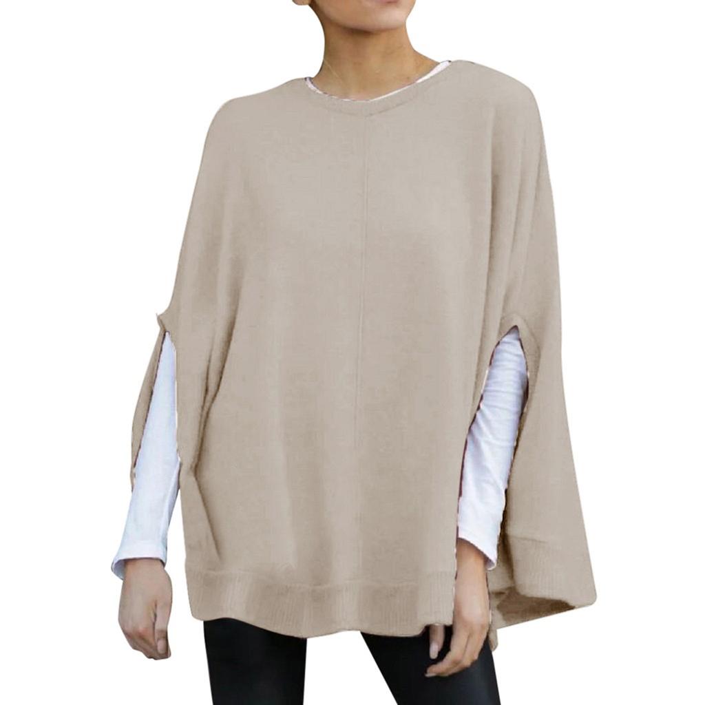 Women Fashion Solid Color Print Loose Hooded Sleeve Splitter Long Sleeve Top