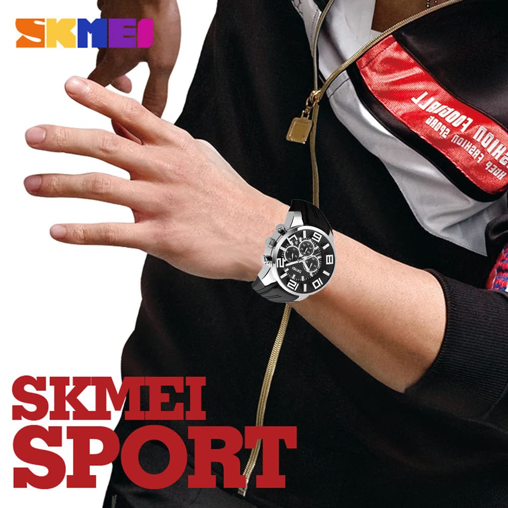 Silicone Fashionable Casual Sports Big Face Arm Watch Waterproof Chronograph Brand Analog Gentleman Watch Date Fluorescent Luxury Present Black Watch