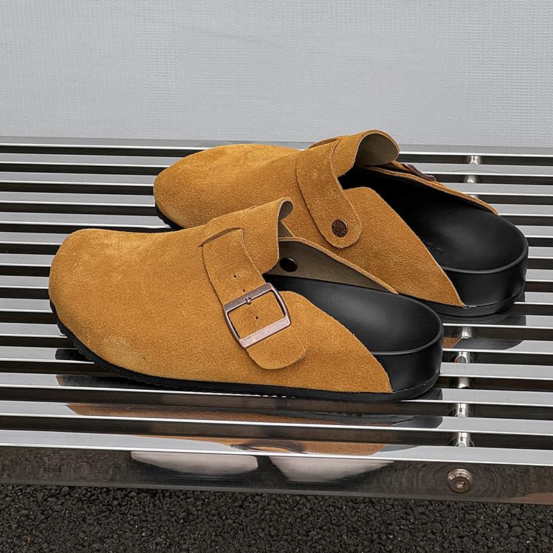 Мода Мода Замшевые Пробковые Тапочки для Мужчин Стелька Пробковые Сабо Сандалии с Поддержкой Свода Стопы Сабо Мюли Тапочки Для Отдыха Ходьба Мужской Полудраг