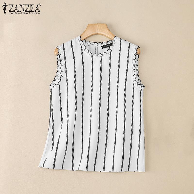 ZANZEA Женские повседневные майки без рукавов с круглым вырезом и полосатым принтом для лета