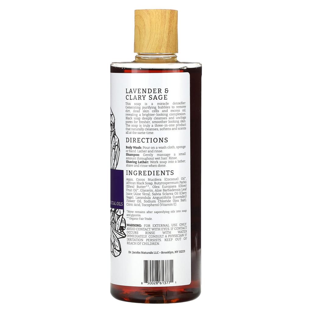 Dr. Jacobs Naturals Vegetable African Black Soap Body Wash, Lavender & Clary Sage Essential Oils, 473 Ml (16 Oz)
