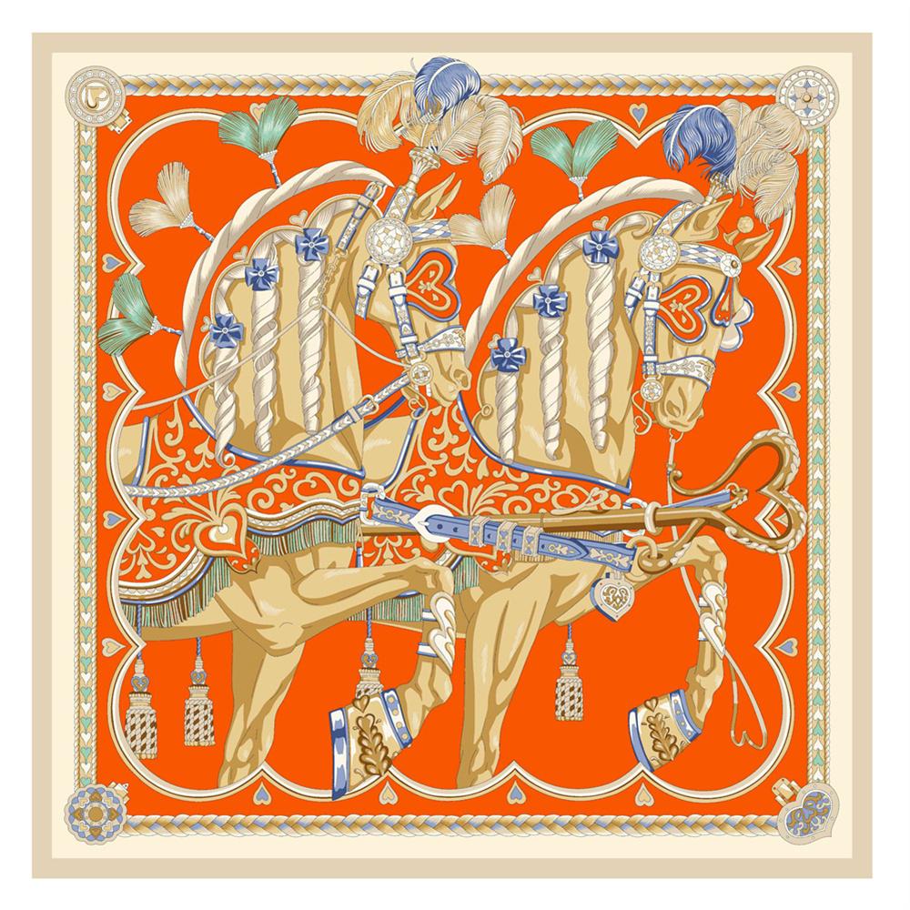 POBING Silk Scarf Women Large Shawls Spain Horse Print Stoles Square Bandana Luxury Kerchief Hijab Scarf Female Foulards 130CM