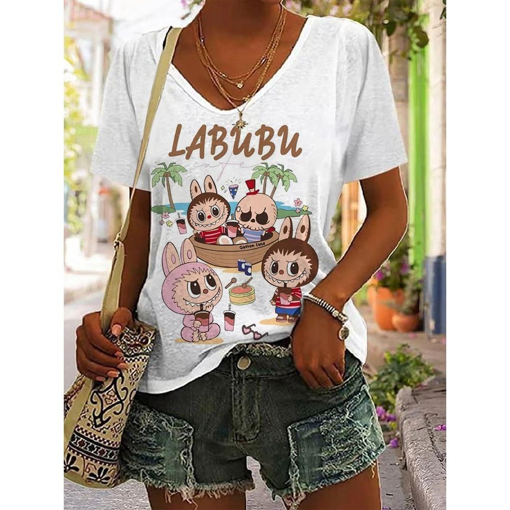 Женская хлопковая футболка с коротким рукавом Labubu, летний тренд 2025, с рукавом до локтя, в стиле Ins, универсальная уличная одежда