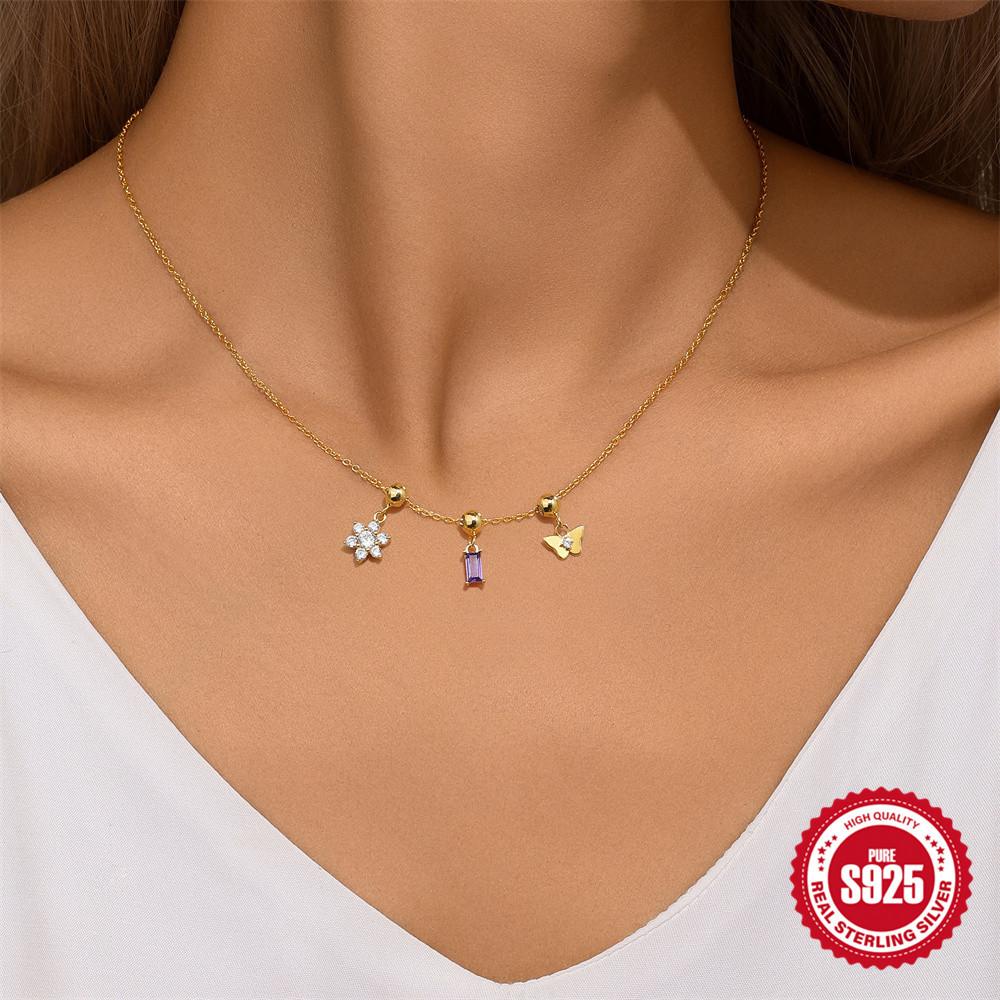 Съемный кулон, регулируемые аксессуары, трендовое квадратное ожерелье с подвеской в виде бабочки и цветка из циркония, аксессуары для вечеринок и путешествий