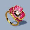 Gold Plated Red Flower Enamel Womens Ring European and American Flower Ring