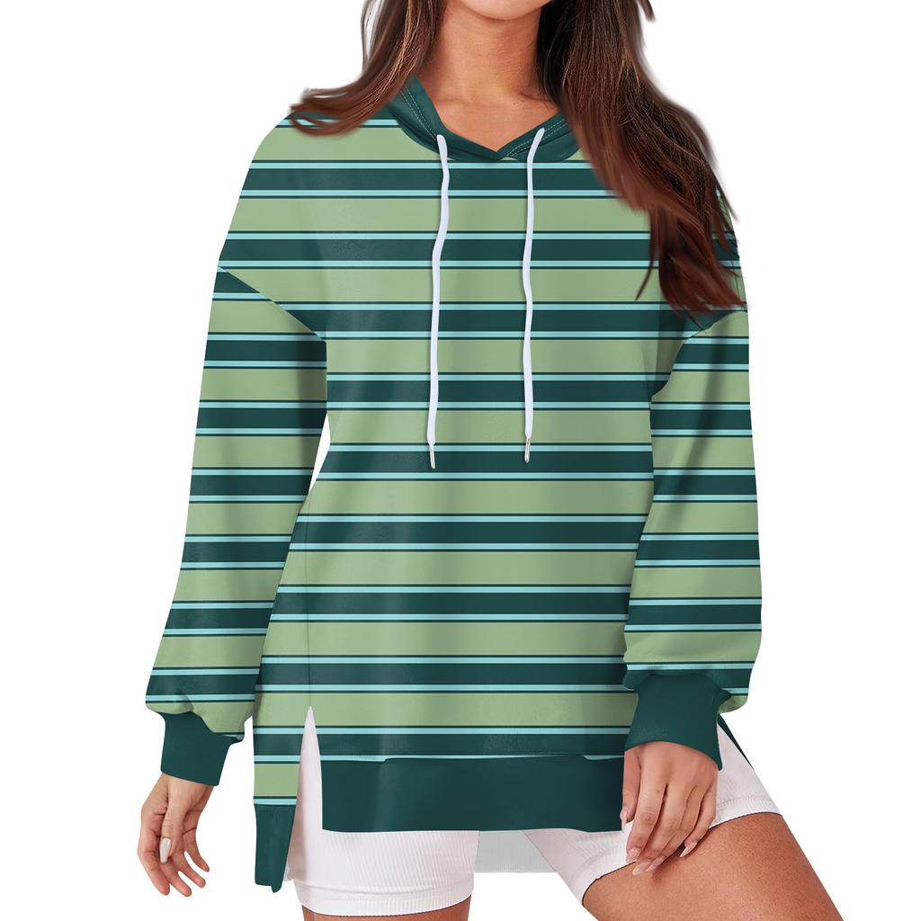 Женская модная повседневная толстовка с капюшоном с длинными рукавами и завязками, полосатая лоскутная принтованная свободная толстовка с разрезом