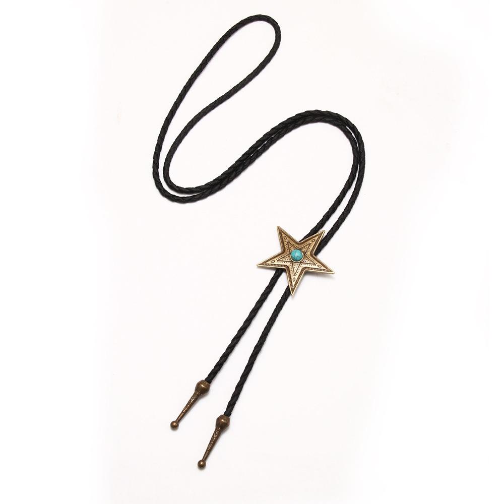 PU Woven Turquoise Feather Necklace Boho Bronze Butterfly Choker Five-pointed Star Bolo Tie  Men
