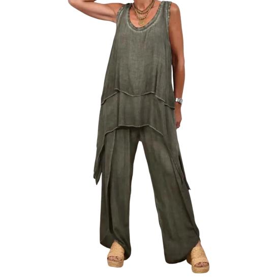 Комплект из двух предметов для женщин, повседневный безрукавный асимметричный топ с широкими брюками, свободный домашний костюм на лето