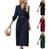 Women's Dresses Solid Color V-Neck Casual Temperament Long Sleeve Belt Lapel Pleated Skirt Dresses