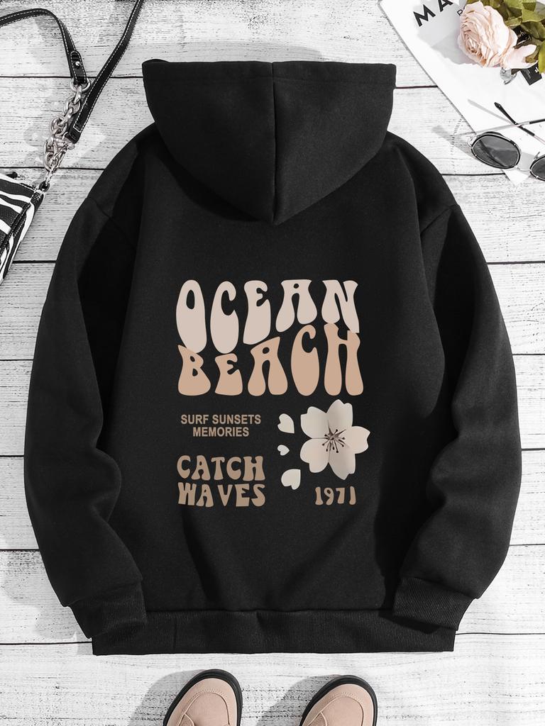 Autumn And Winter Sweater Letter Fashion Printed Shoulder Sleeves Hooded Fleece Sweater Women'S Top