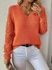 Euro-American V-Neck Hollow-Out Solid Long-Sleeve Sweater 906
