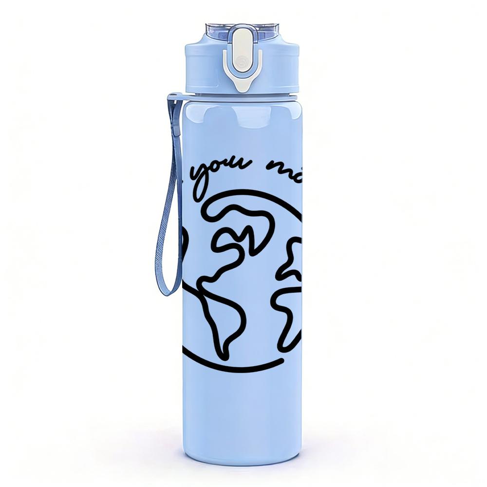 1PC World Globe Love Outline 750ml Color Plastic Sports Water Bottle Leakproof Flip Straw Lid Suitable for Sports Office Home Use